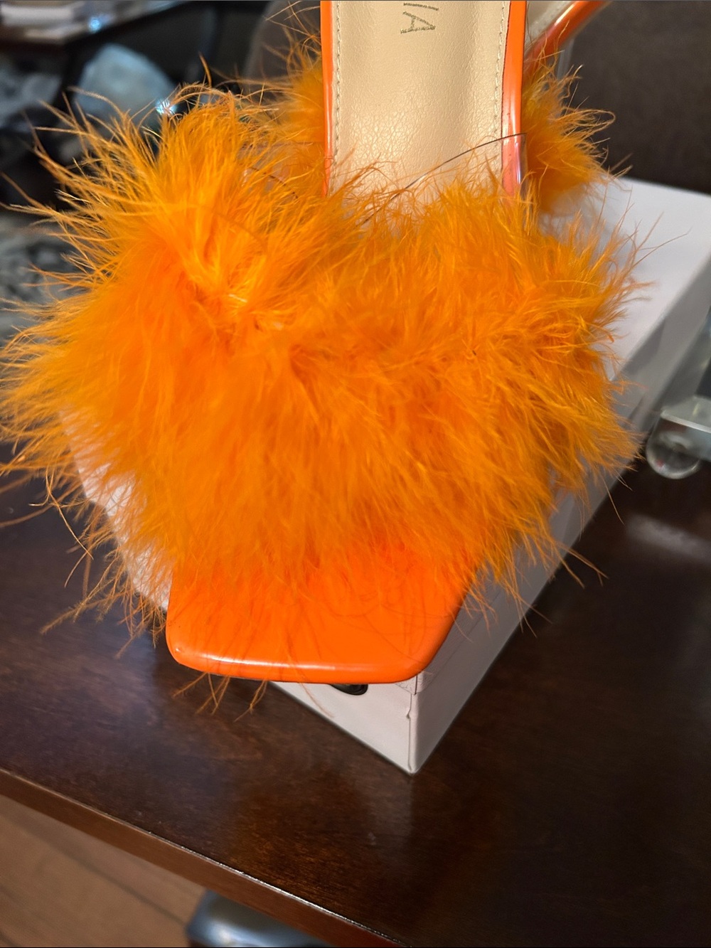 Fuzzy Feather Slide Sandal - Orange